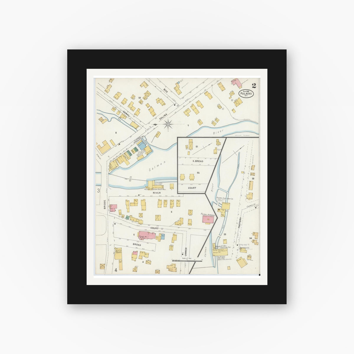 Old map wall art mockup — black gallery frame with white mat — Sanborn Fire Insurance Map from Pulaski, Oswego County, New York (1898), Sheet #0002