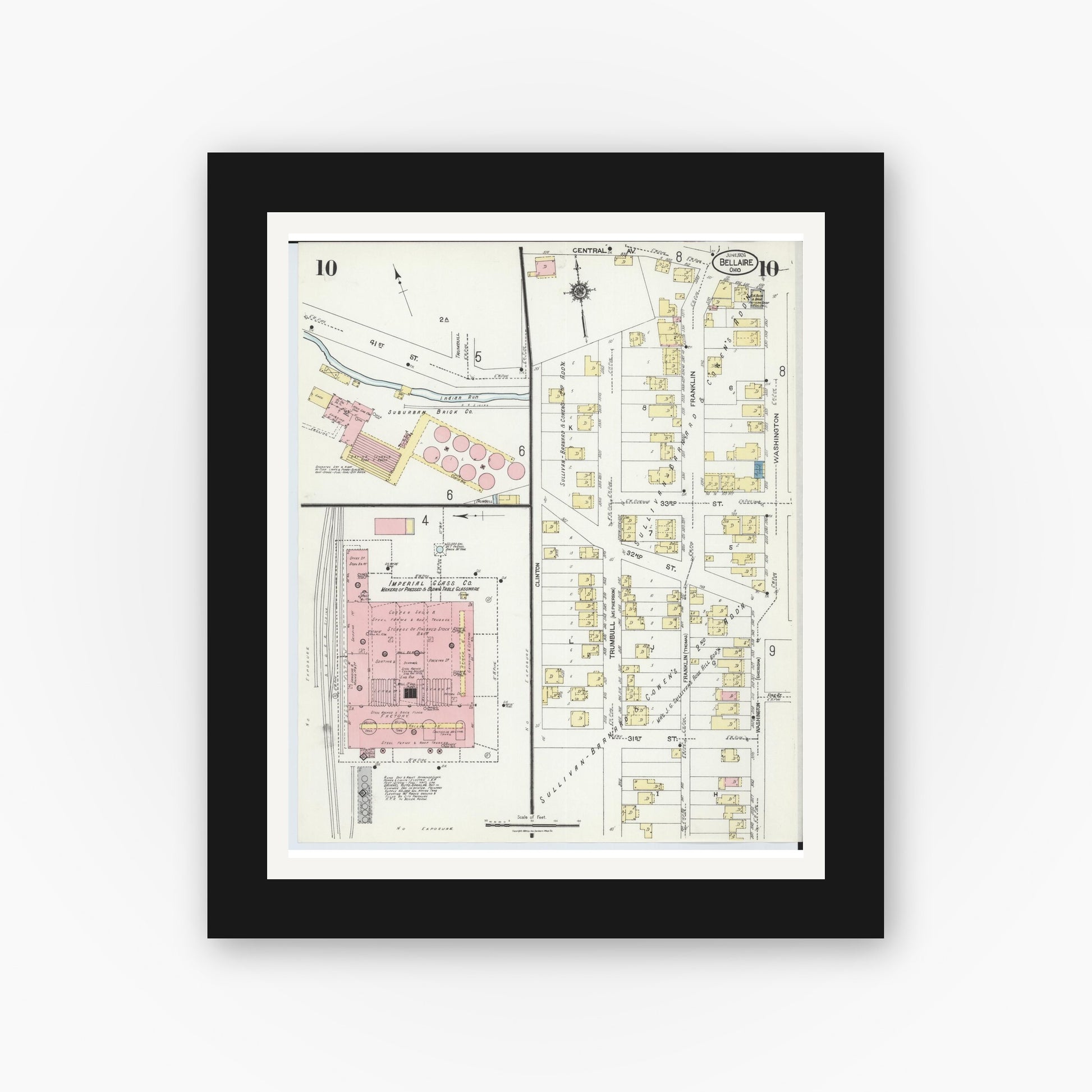 Old map wall art mockup — black gallery frame with white mat — Sanborn Fire Insurance Map from Bellaire, Belmont County, Ohio (1924), Sheet #0010