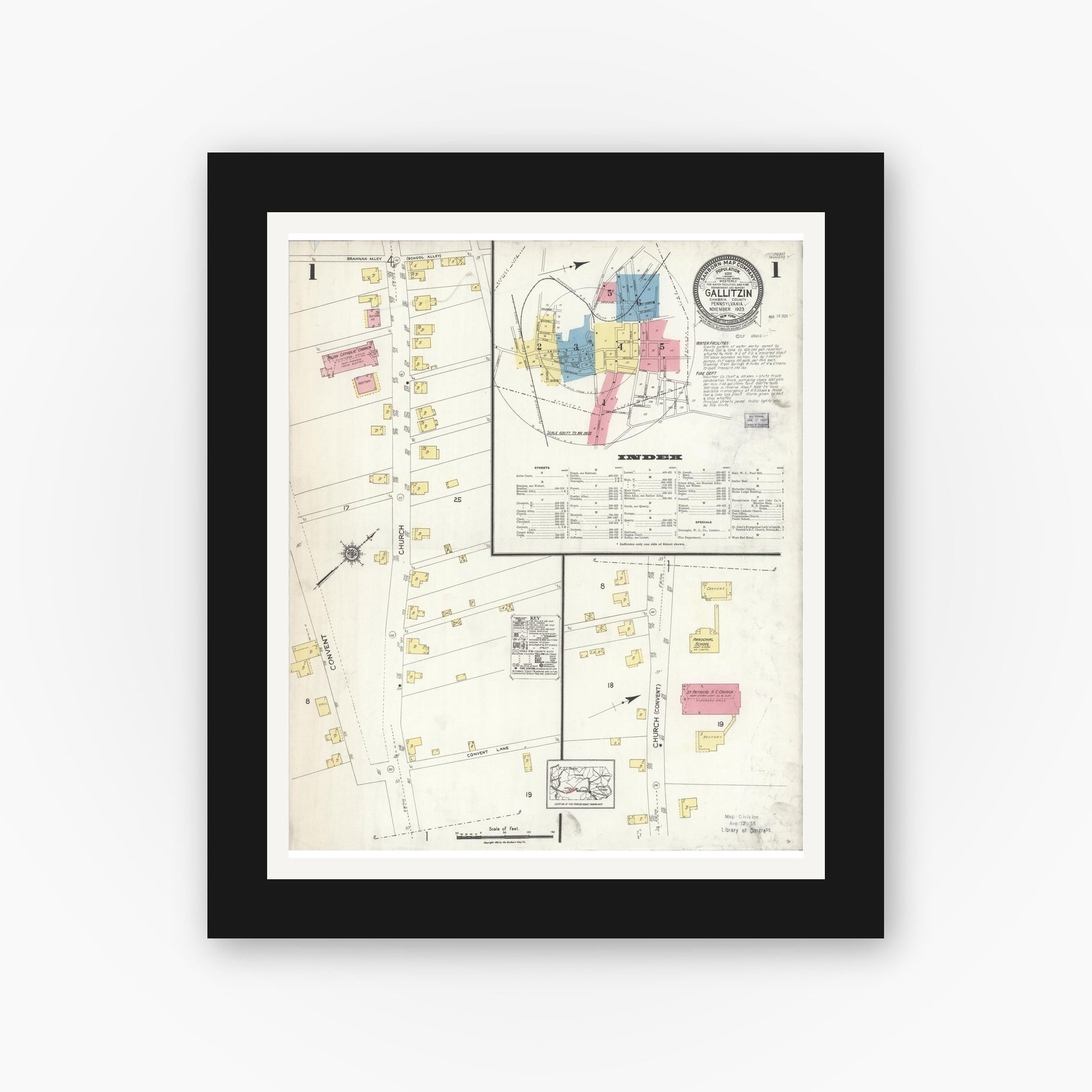 Old map wall art mockup — black gallery frame with white mat — Sanborn Fire Insurance Map from Gallitzin, Cambria County, Pennsylvania (1923) - Complete Map Set