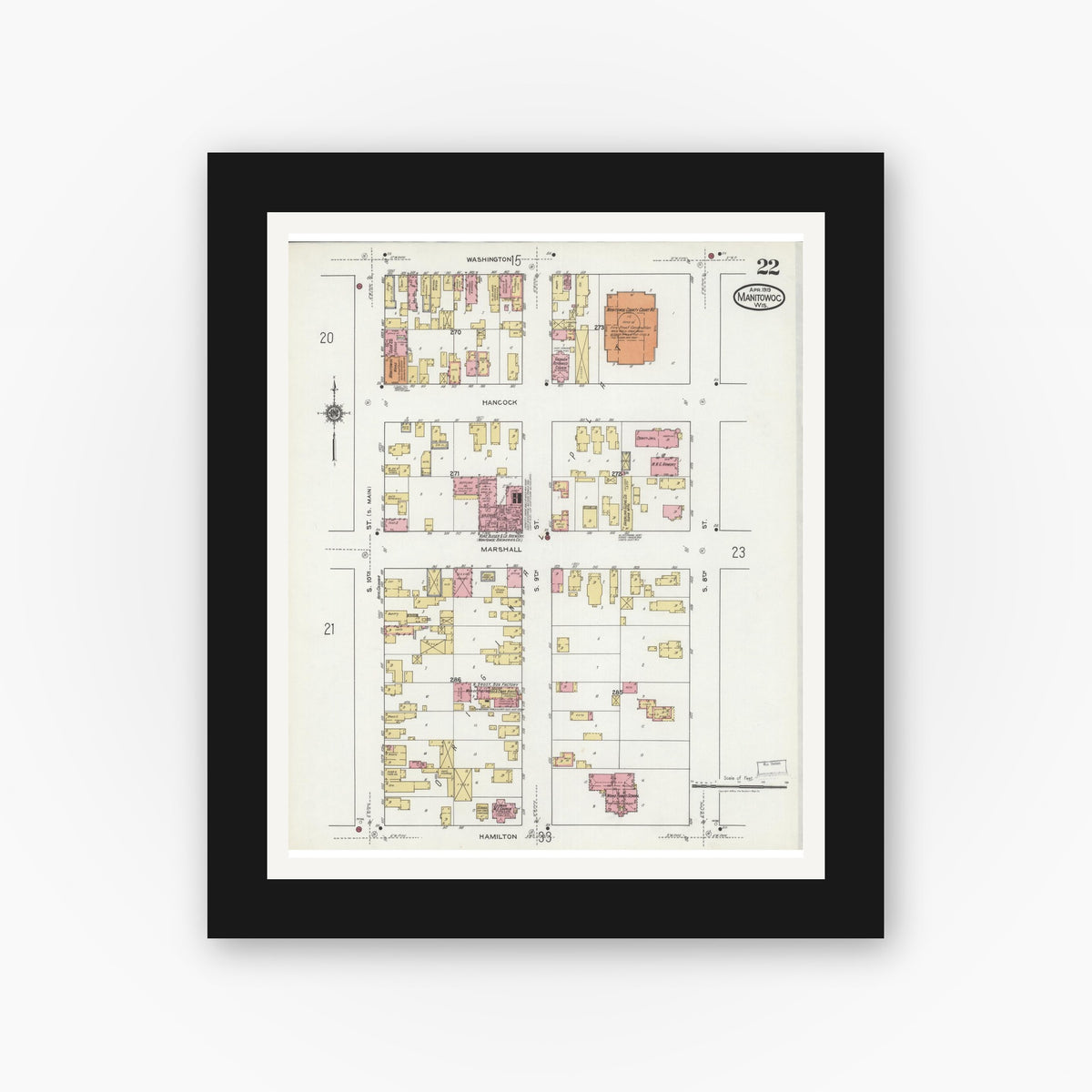 Old map wall art mockup — black gallery frame with white mat — Sanborn Fire Insurance Map from Manitowoc, Manitowoc County, Wisconsin (1919), Sheet #0022