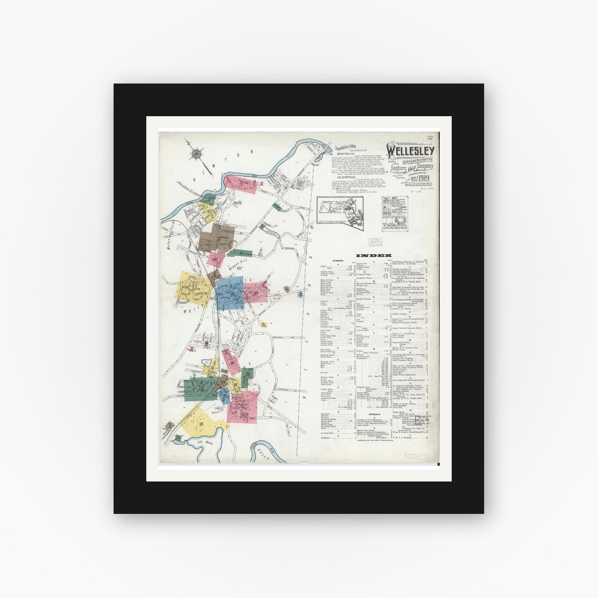 Old map wall art mockup — black gallery frame with white mat — Sanborn Fire Insurance Map from Wellesley, Norfolk County, Massachusetts (1919) - Complete Map Set