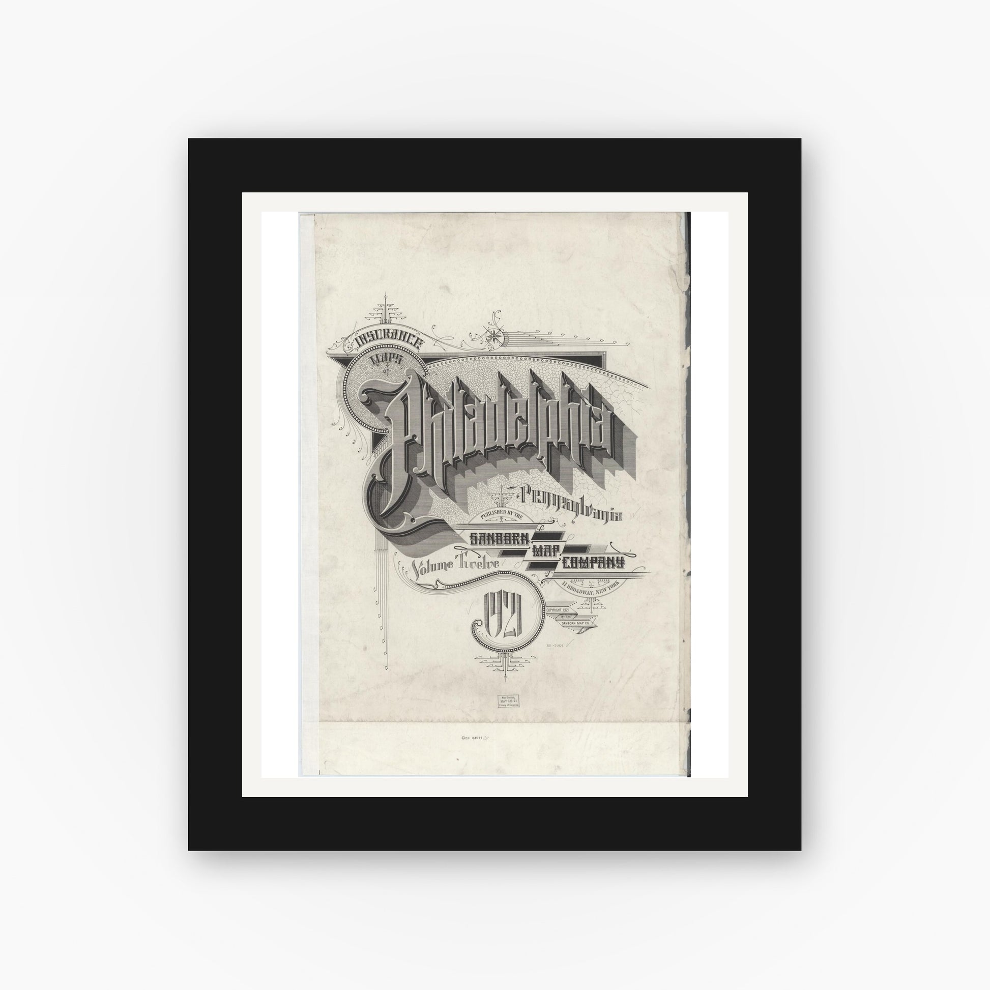 Old map wall art mockup — black gallery frame with white mat — Sanborn Fire Insurance Map from Philadelphia, Philadelphia County, Pennsylvania (1920), Sheet #0001