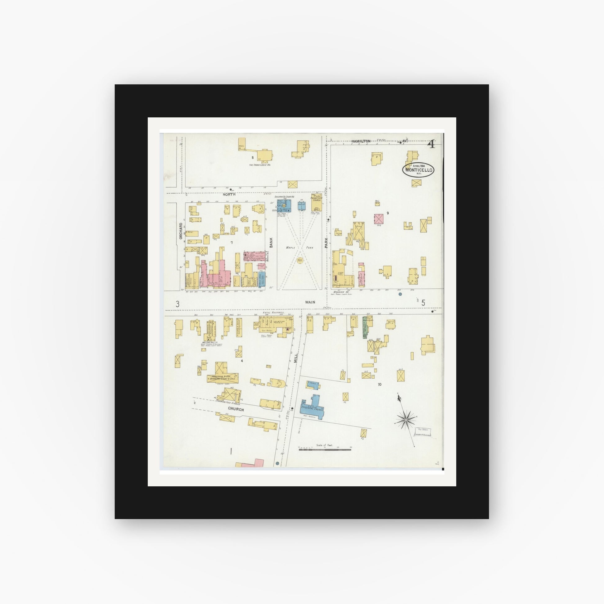 Old map wall art mockup — black gallery frame with white mat — Sanborn Fire Insurance Map from Monticello, Sullivan County, New York (1904), Sheet #0004