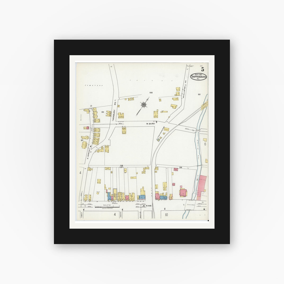 Old map wall art mockup — black gallery frame with white mat — Sanborn Fire Insurance Map from Shippensburg, Cumberland And Franklin Counties, Pennsylvania (1921), Sheet #0005