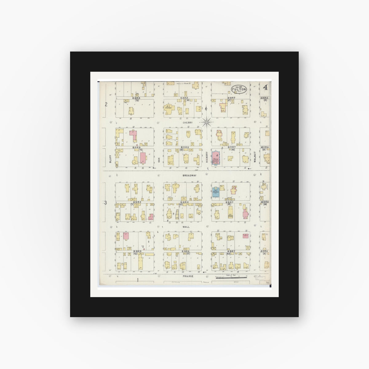 Old map wall art mockup — black gallery frame with white mat — Sanborn Fire Insurance Map from Fulton, Whiteside County, Illinois (1897), Sheet #0004