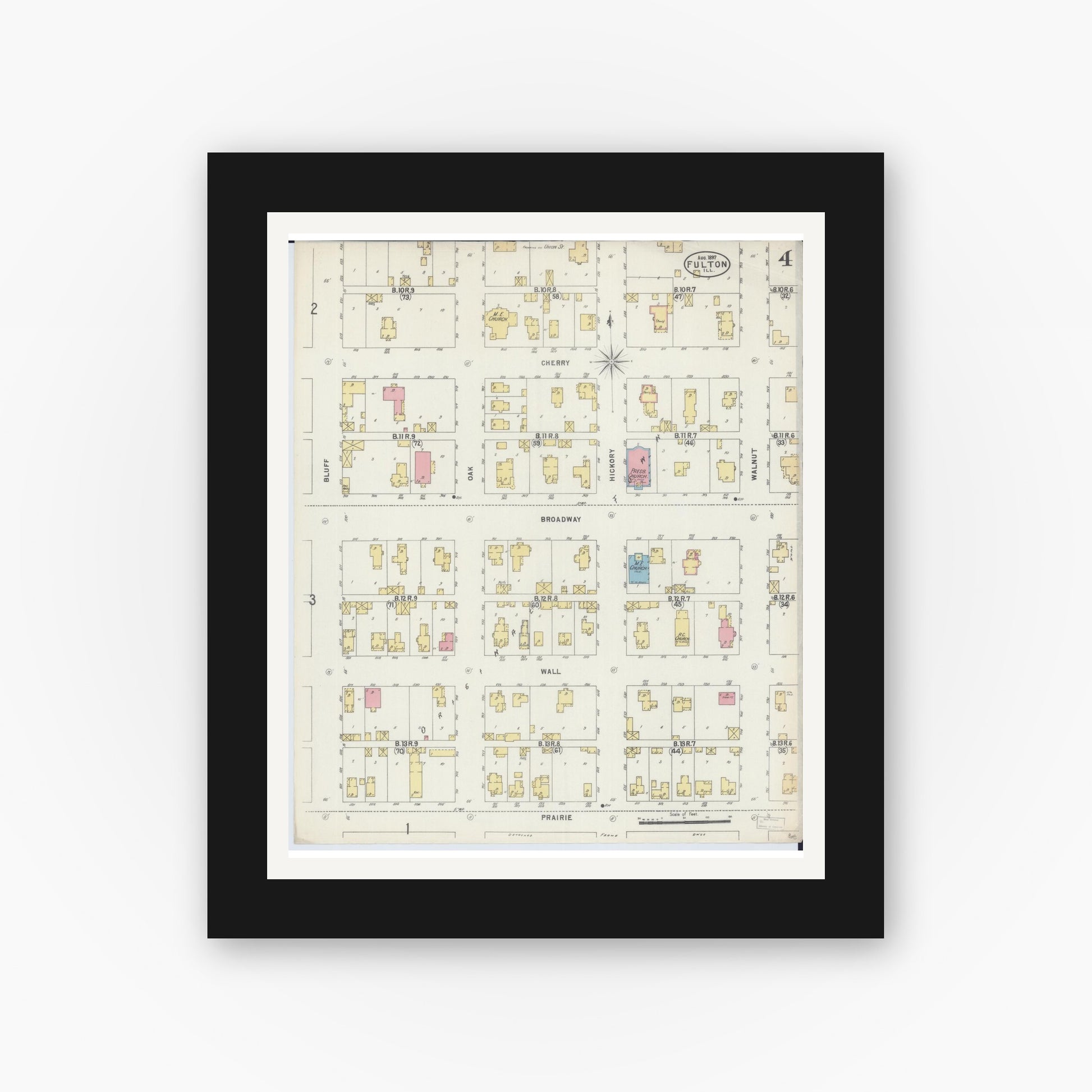 Old map wall art mockup — black gallery frame with white mat — Sanborn Fire Insurance Map from Fulton, Whiteside County, Illinois (1897), Sheet #0004