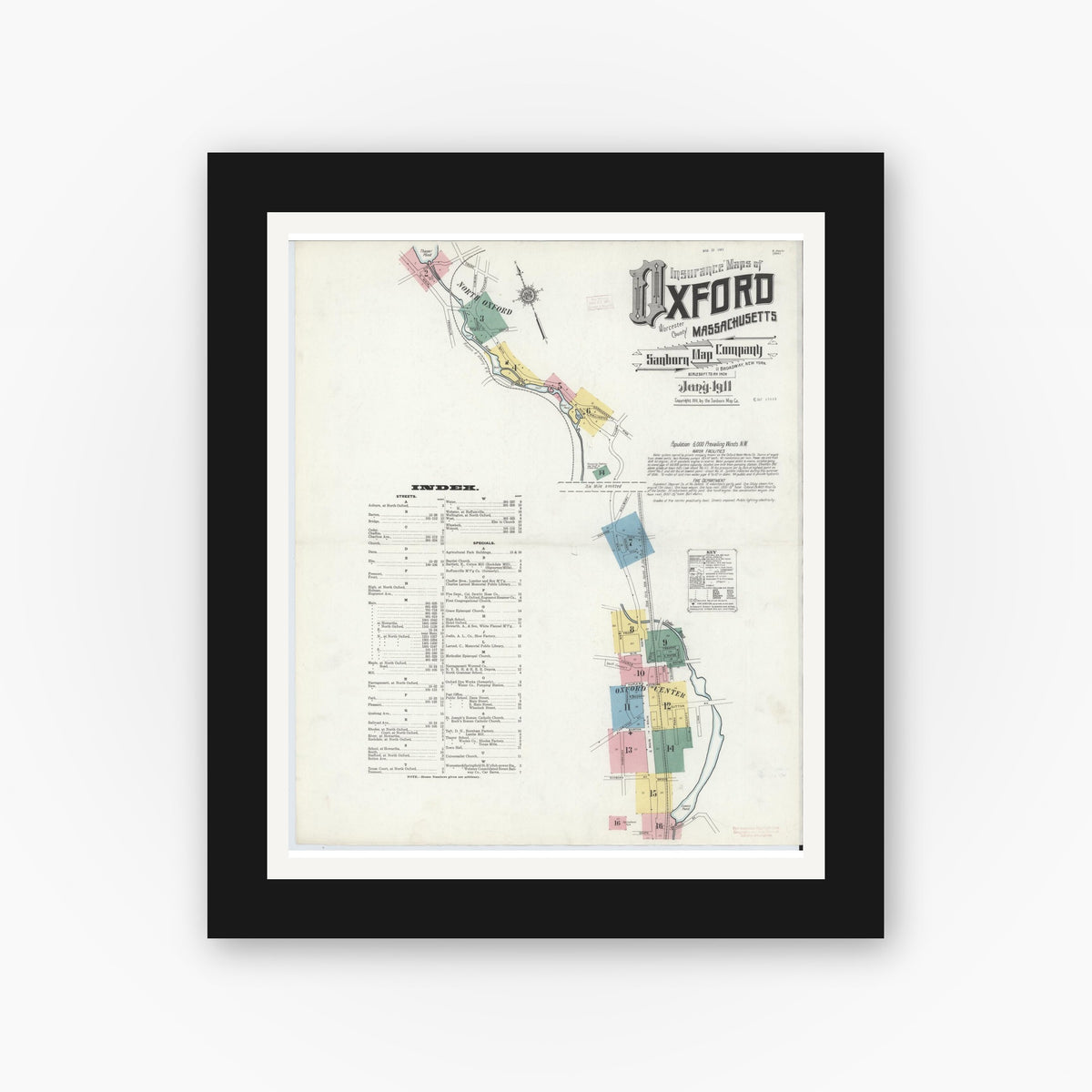 Old map wall art mockup — black gallery frame with white mat — Sanborn Fire Insurance Map from Oxford, Worcester County, Massachusetts (1911) - Complete Map Set