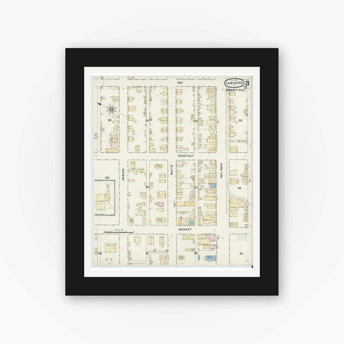 Old map wall art mockup — black gallery frame with white mat — Sanborn Fire Insurance Map from Lansford, Carbon County, Pennsylvania (1891), Sheet #0003