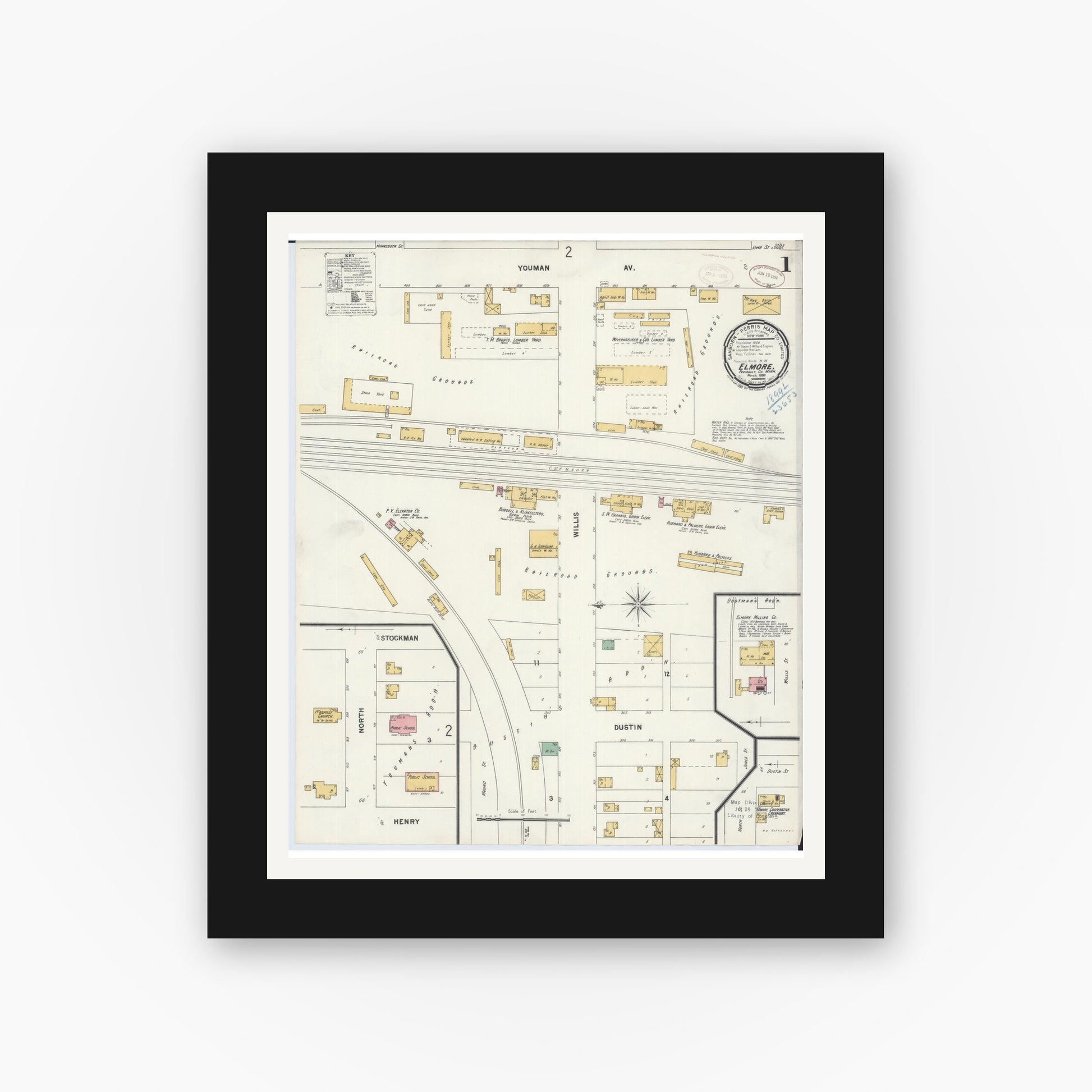 Old map wall art mockup — black gallery frame with white mat — Sanborn Fire Insurance Map from Elmore, Faribault County, Minnesota (1899) - Complete Map Set