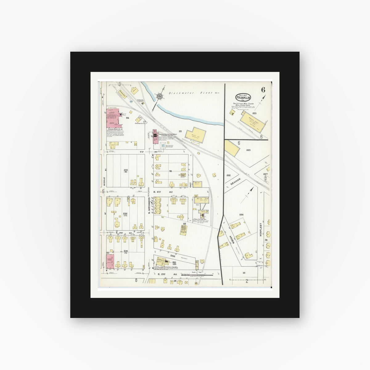 Old map wall art mockup — black gallery frame with white mat — Sanborn Fire Insurance Map from Franklin, Independent Cities, Virginia (1917), Sheet #0006