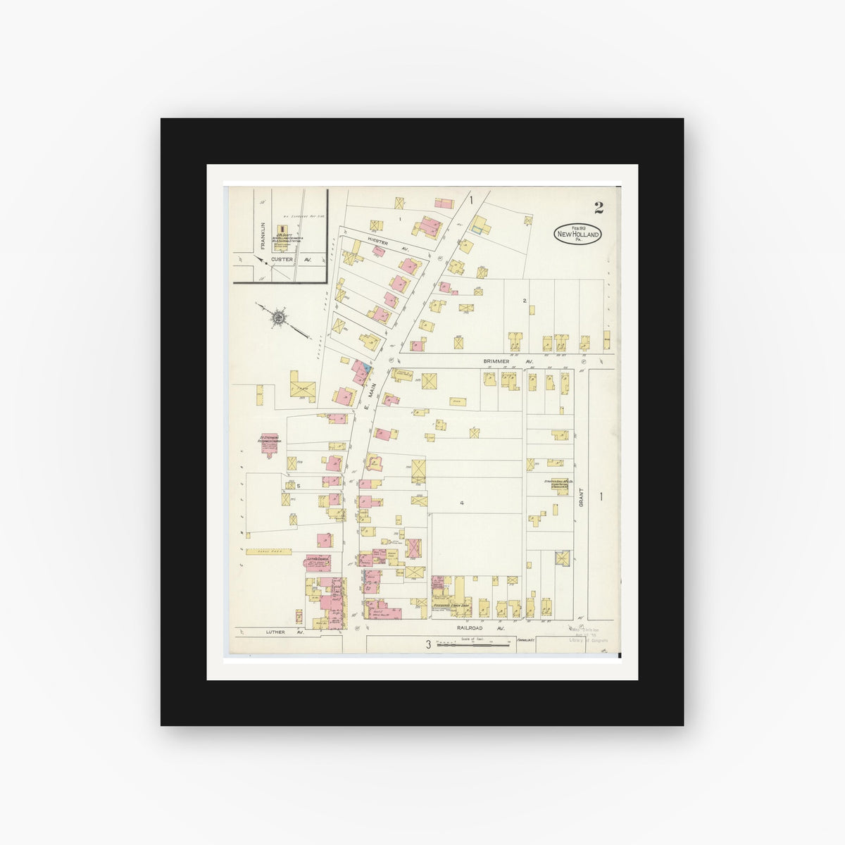 Old map wall art mockup — black gallery frame with white mat — Sanborn Fire Insurance Map from New Holland, Lancaster County, Pennsylvania (1913), Sheet #0002