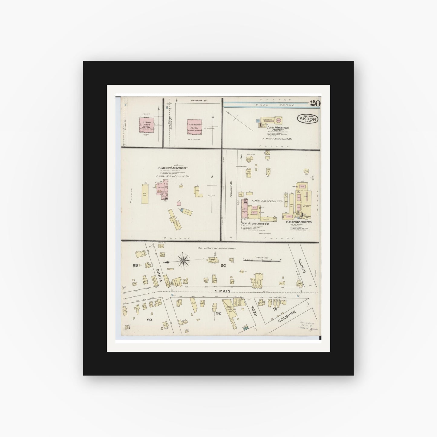 Old map wall art mockup — black gallery frame with white mat — Sanborn Fire Insurance Map from Akron, Summit County, Ohio (1886), Sheet #0020
