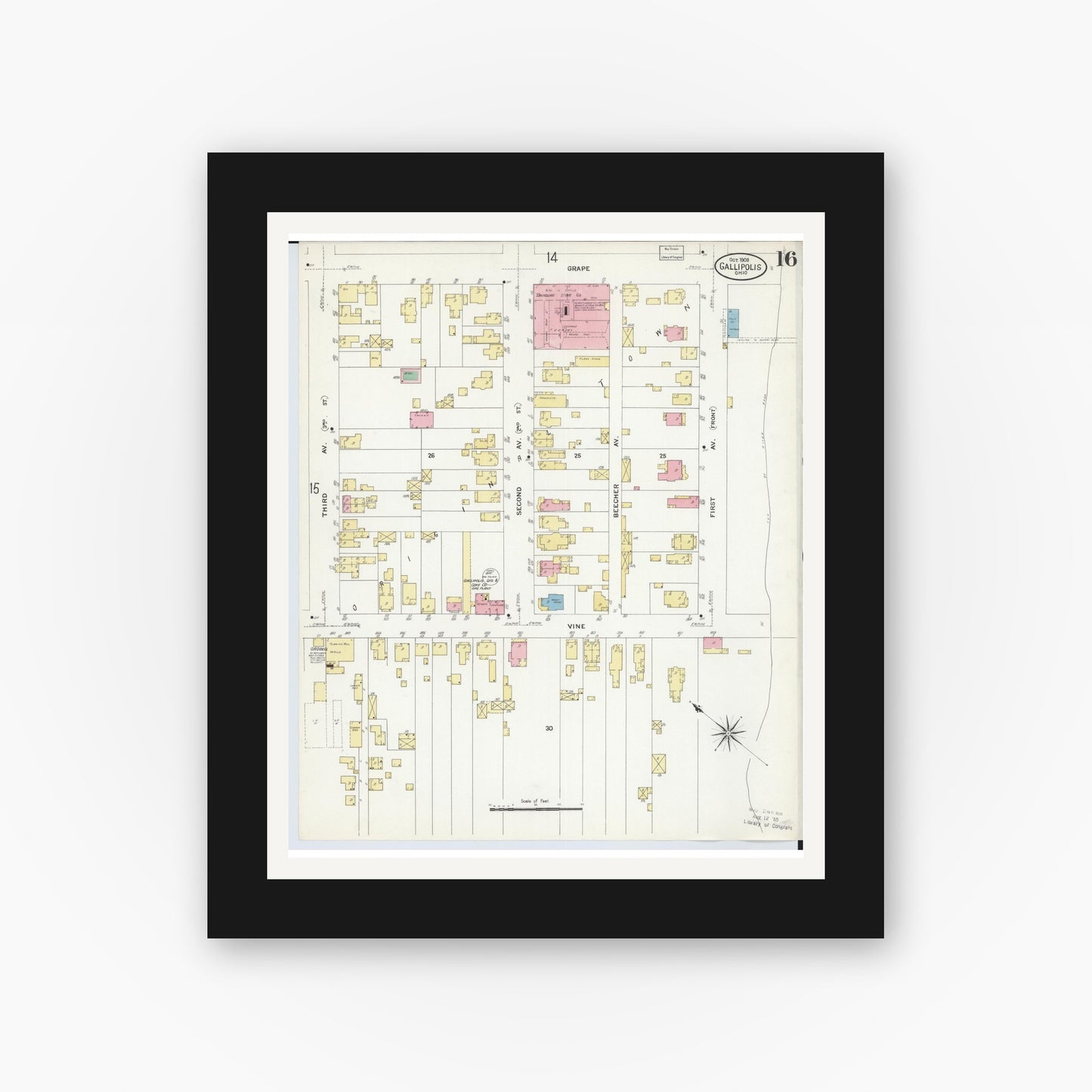 Old map wall art mockup — black gallery frame with white mat — Sanborn Fire Insurance Map from Gallipolis, Gallia County, Ohio (1908), Sheet #0016