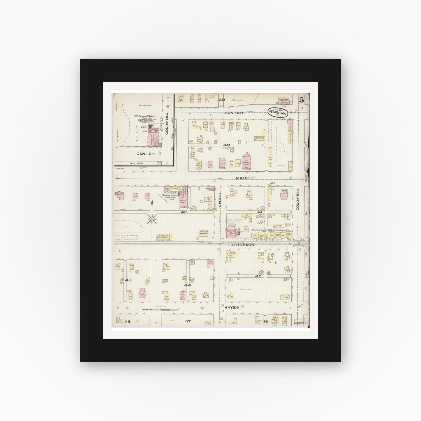Old map wall art mockup — black gallery frame with white mat — Sanborn Fire Insurance Map from Warsaw, Kosciusko County, Indiana (1886), Sheet #0005