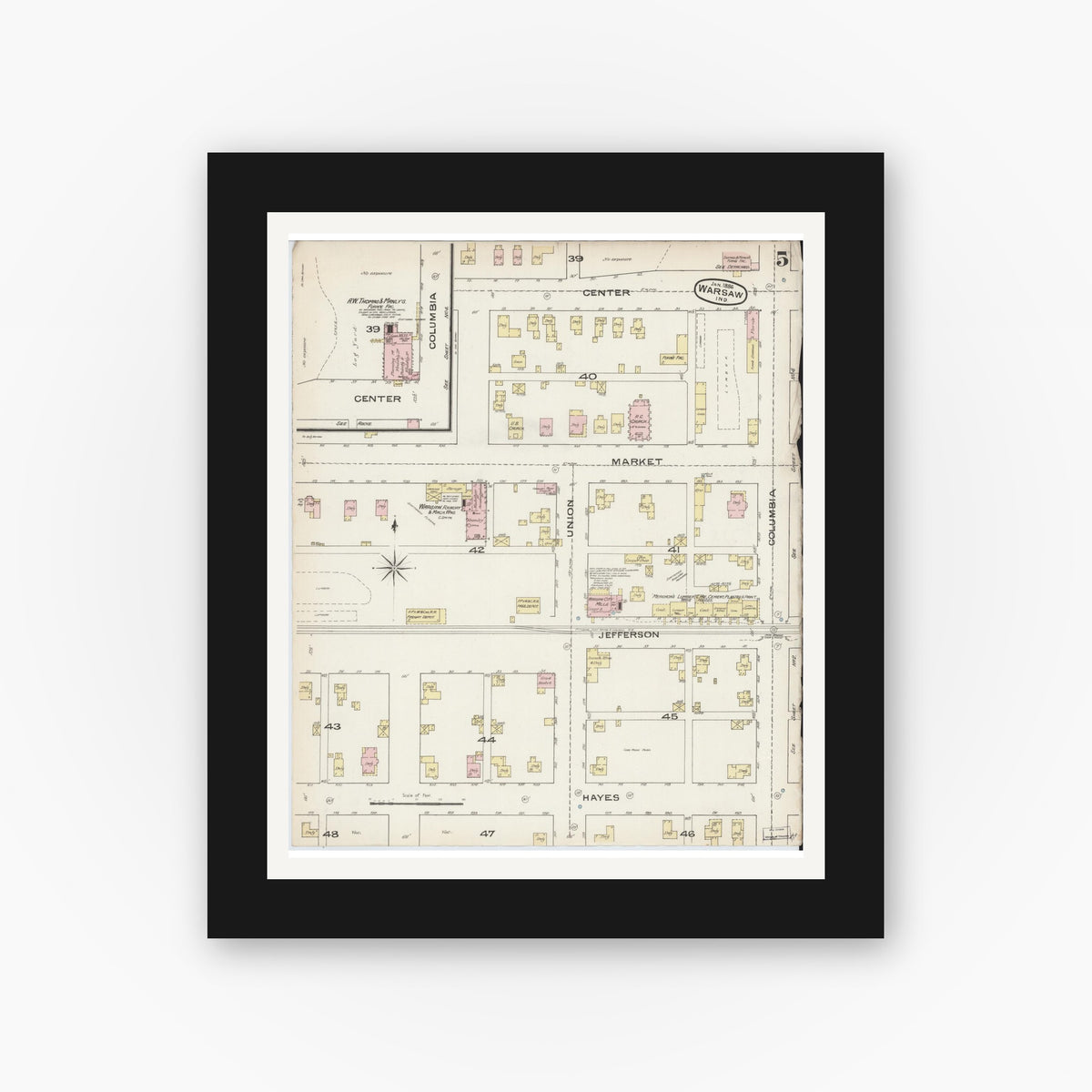Old map wall art mockup — black gallery frame with white mat — Sanborn Fire Insurance Map from Warsaw, Kosciusko County, Indiana (1886), Sheet #0005