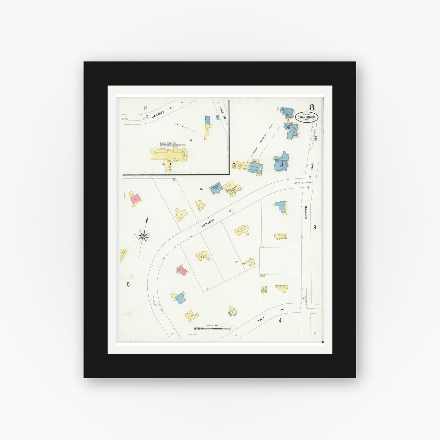 Old map wall art mockup — black gallery frame with white mat — Sanborn Fire Insurance Map from Swarthmore, Delaware County, Pennsylvania (1909), Sheet #0008
