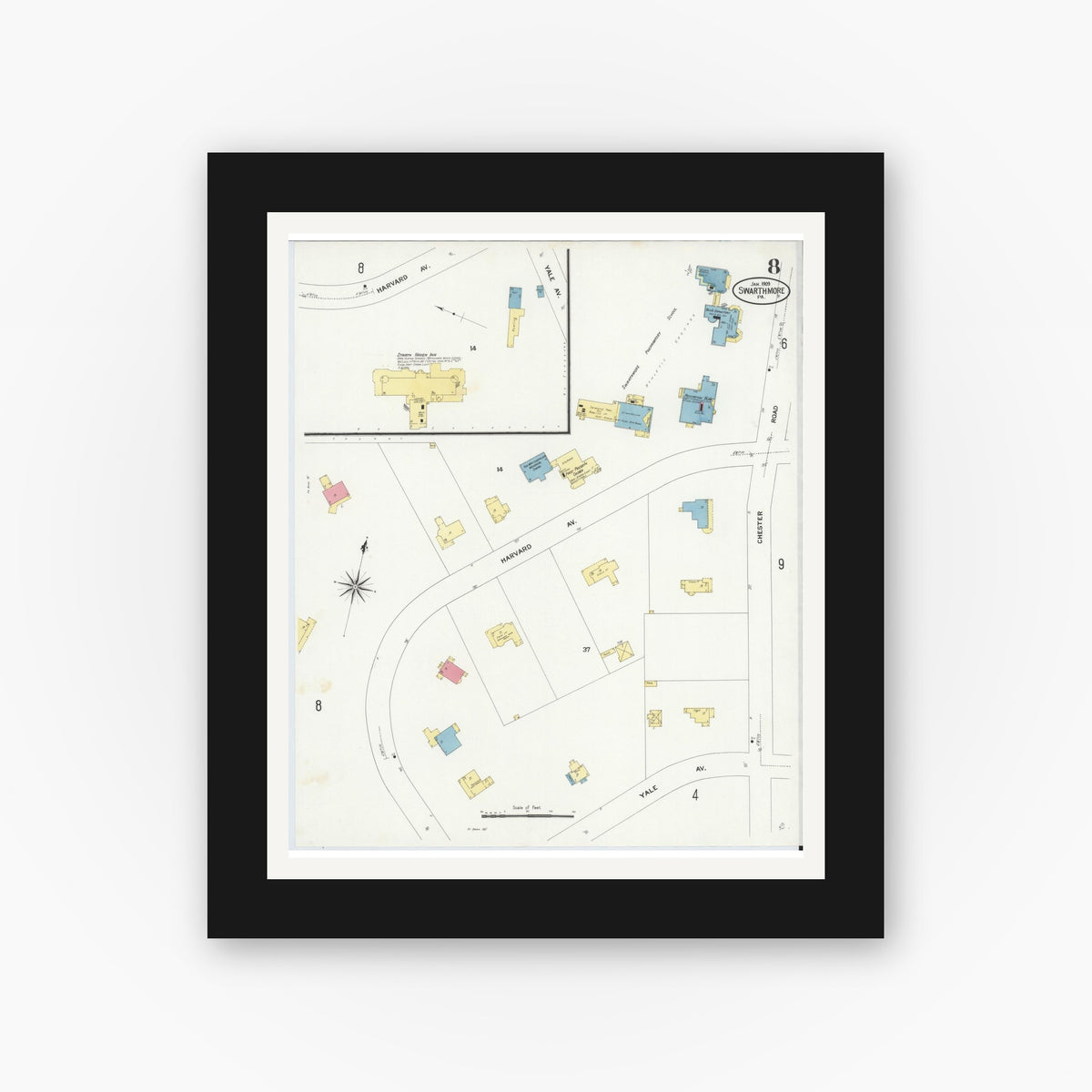 Old map wall art mockup — black gallery frame with white mat — Sanborn Fire Insurance Map from Swarthmore, Delaware County, Pennsylvania (1909), Sheet #0008