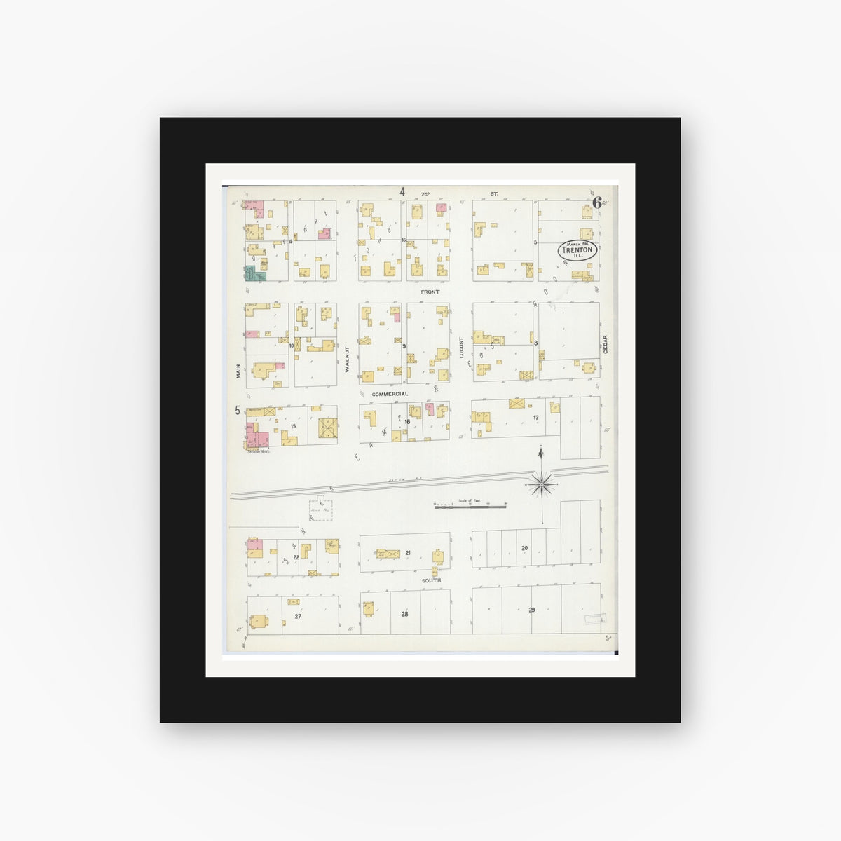 Old map wall art mockup — black gallery frame with white mat — Sanborn Fire Insurance Map from Trenton, Clinton County, Illinois (1906), Sheet #0006