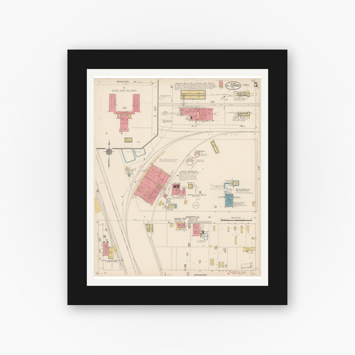 Old map wall art mockup — black gallery frame with white mat — Sanborn Fire Insurance Map from El Centro, Imperial County, California (1914), Sheet #0005