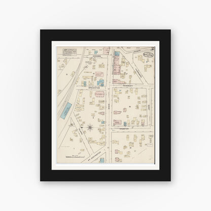 Old map wall art mockup — black gallery frame with white mat — Sanborn Fire Insurance Map from Malone, Franklin County, New York (1884), Sheet #0002