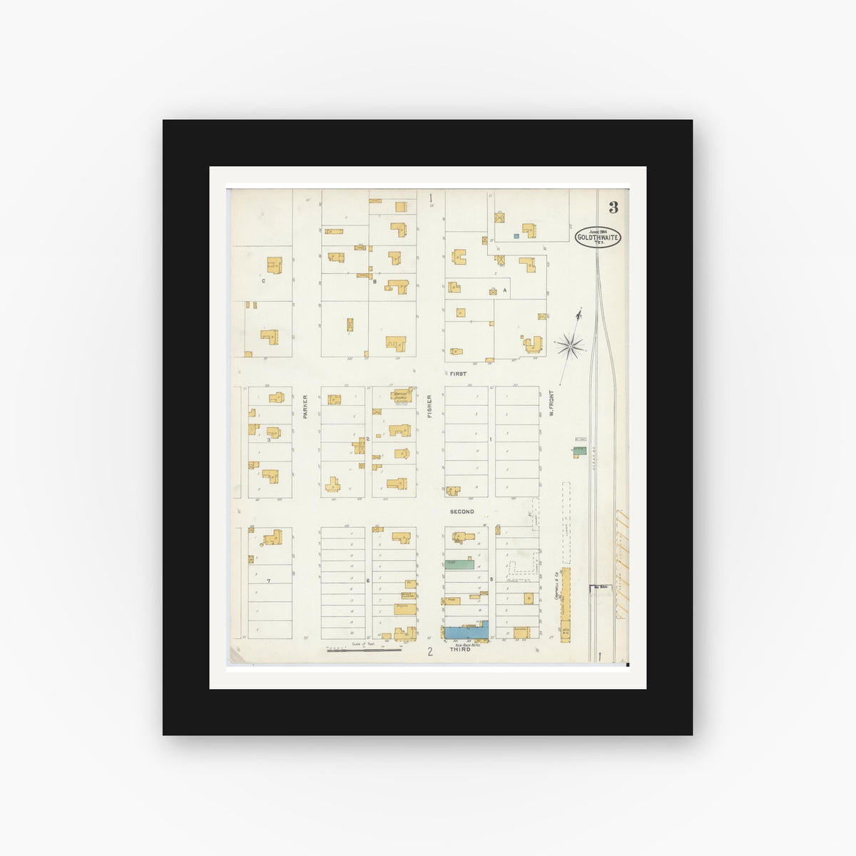 Old map wall art mockup — black gallery frame with white mat — Sanborn Fire Insurance Map from Goldthwaite, Mills County, Texas (1904), Sheet #0003