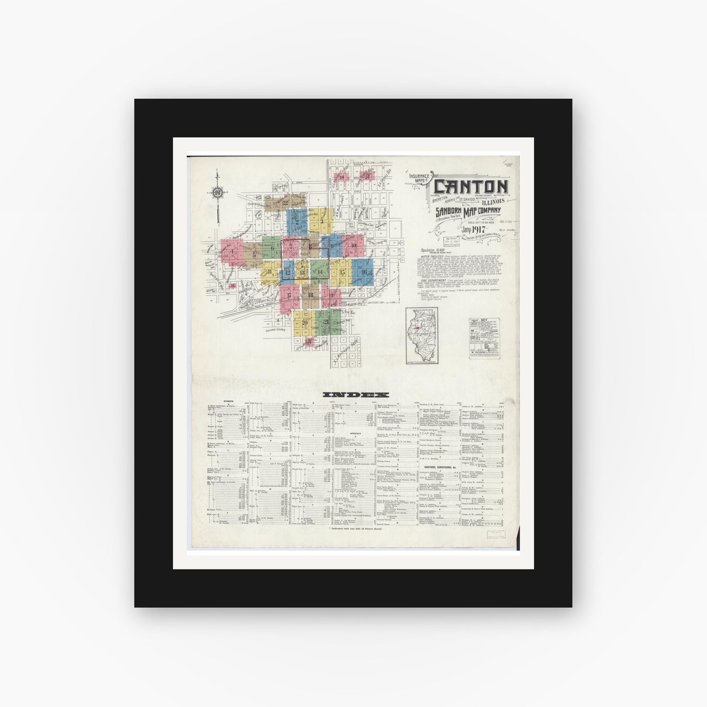 Old map wall art mockup — black gallery frame with white mat — Sanborn Fire Insurance Map from Canton, Fulton County, Illinois (1917), Sheet #0001