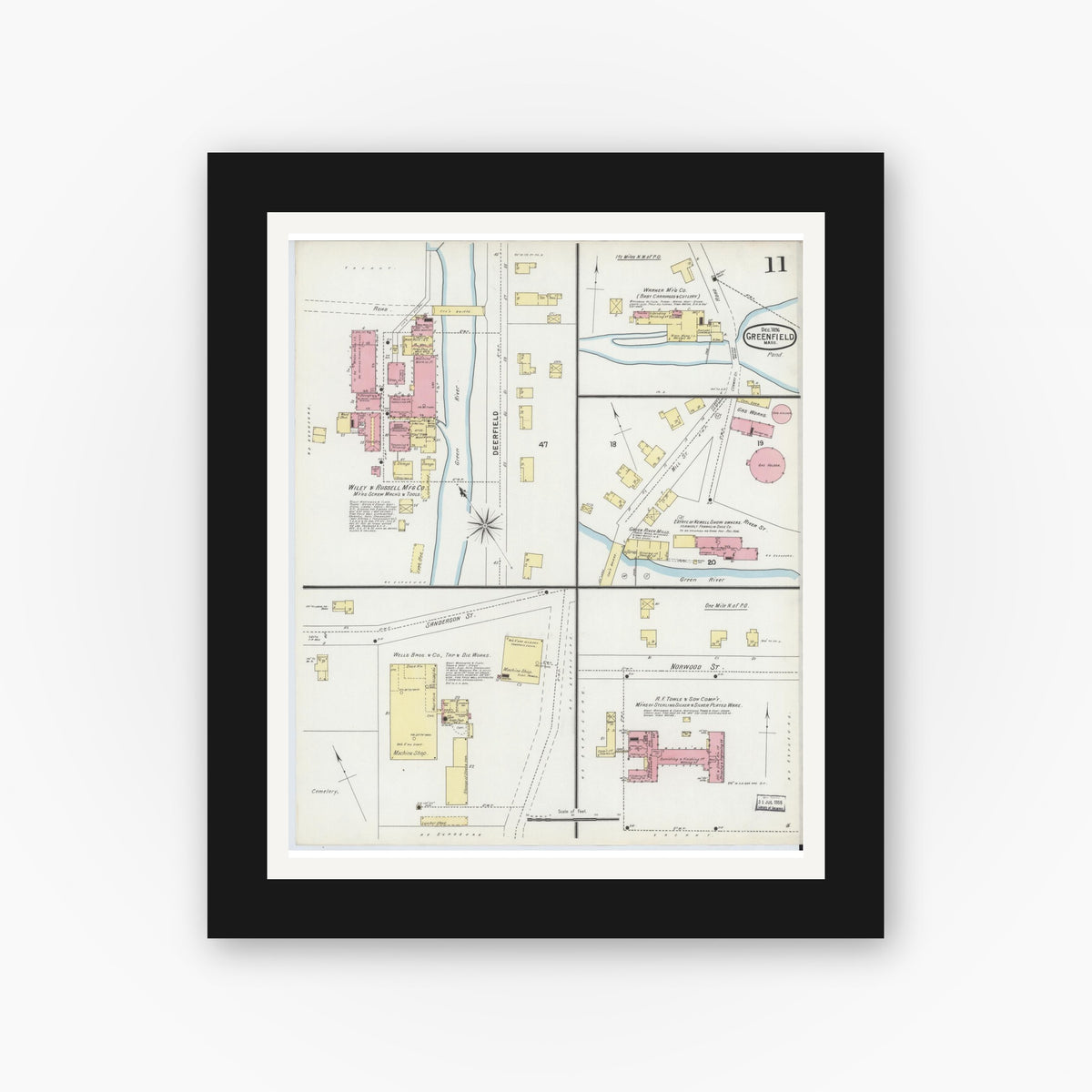 Old map wall art mockup — black gallery frame with white mat — Sanborn Fire Insurance Map from Greenfield, Franklin County, Massachusetts (1896), Sheet #0011