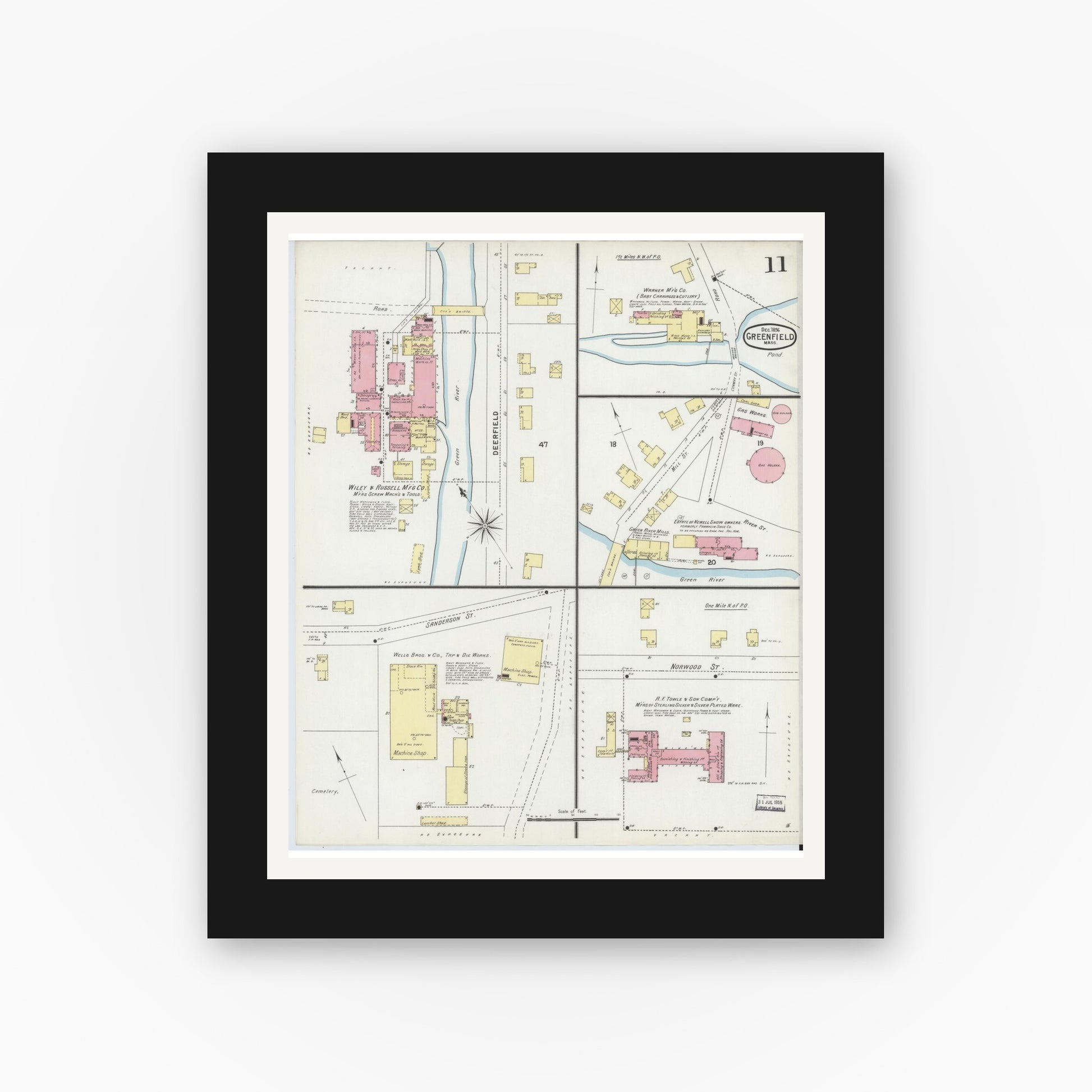 Old map wall art mockup — black gallery frame with white mat — Sanborn Fire Insurance Map from Greenfield, Franklin County, Massachusetts (1896), Sheet #0011