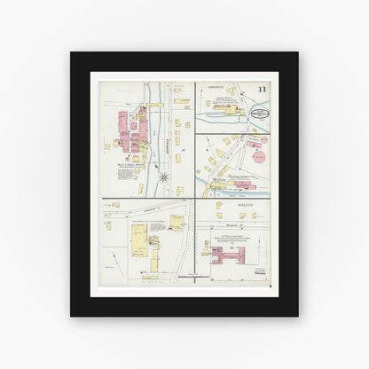 Old map wall art mockup — black gallery frame with white mat — Sanborn Fire Insurance Map from Greenfield, Franklin County, Massachusetts (1896), Sheet #0011