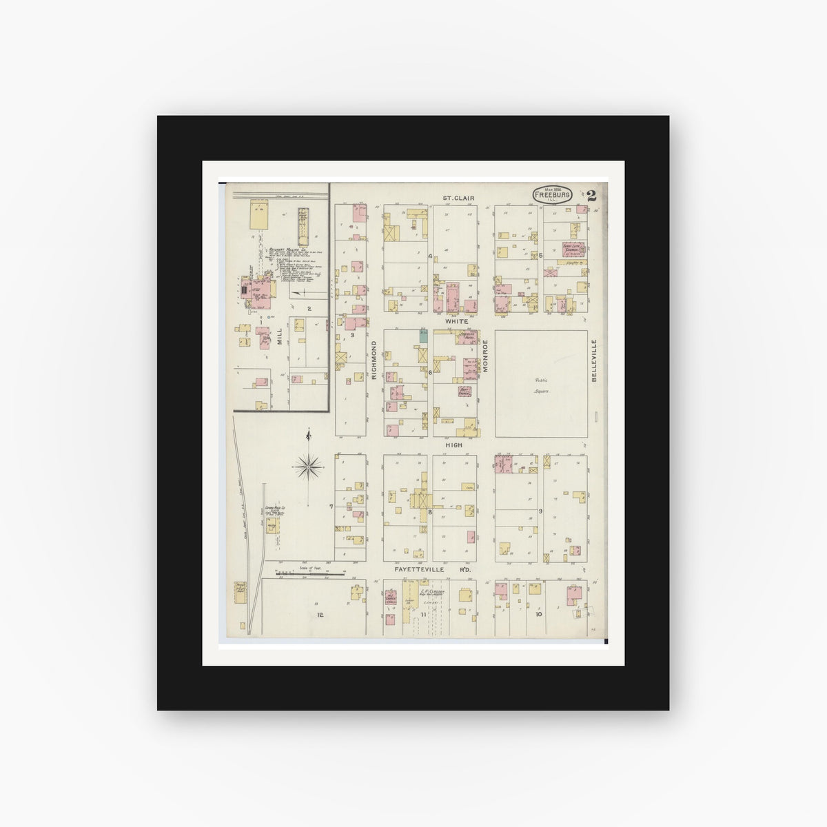Old map wall art mockup — black gallery frame with white mat — Sanborn Fire Insurance Map from Freeburg, Saint Clair County, Illinois (1894), Sheet #0002