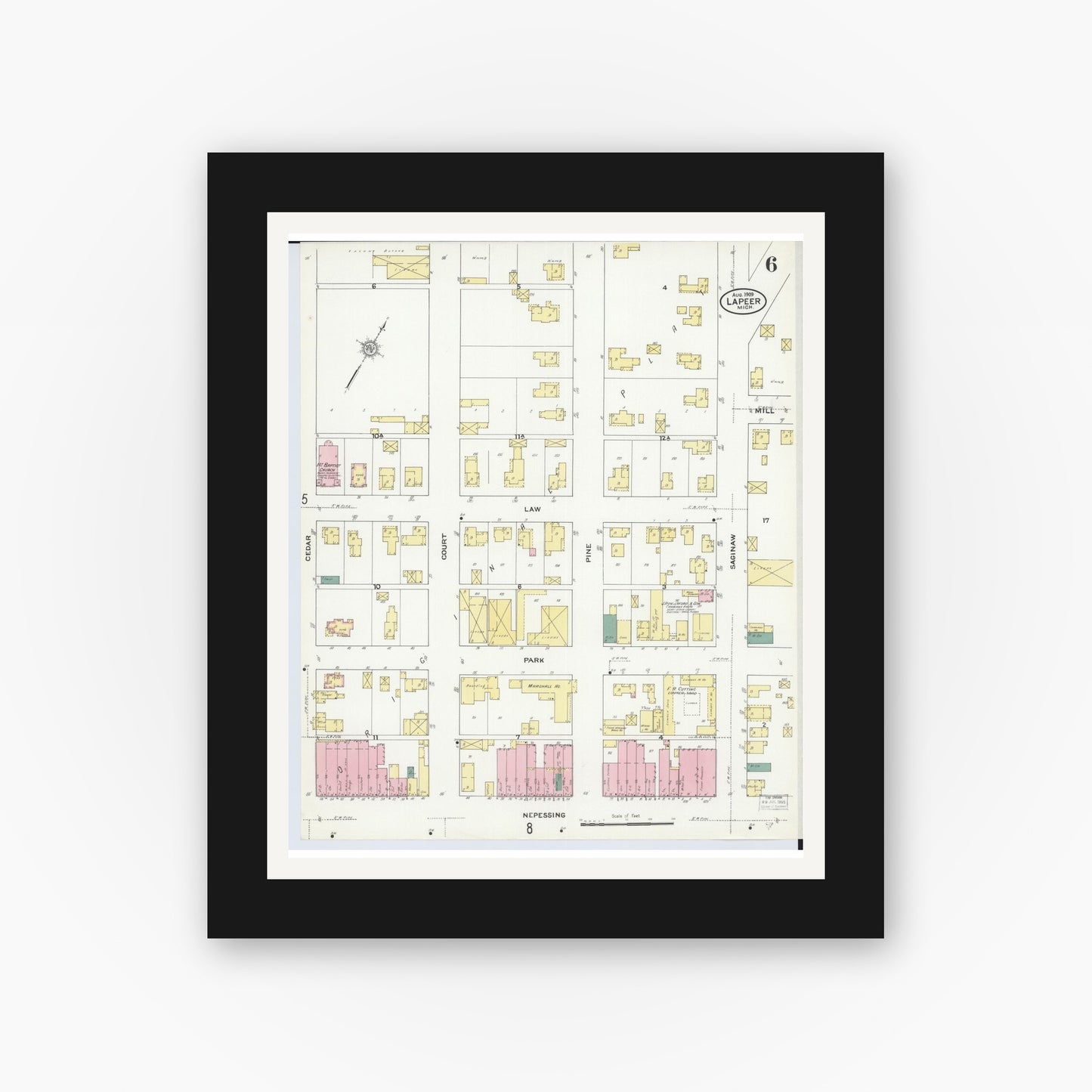 Old map wall art mockup — black gallery frame with white mat — Sanborn Fire Insurance Map from Lapeer, Lapeer County, Michigan (1909), Sheet #0006