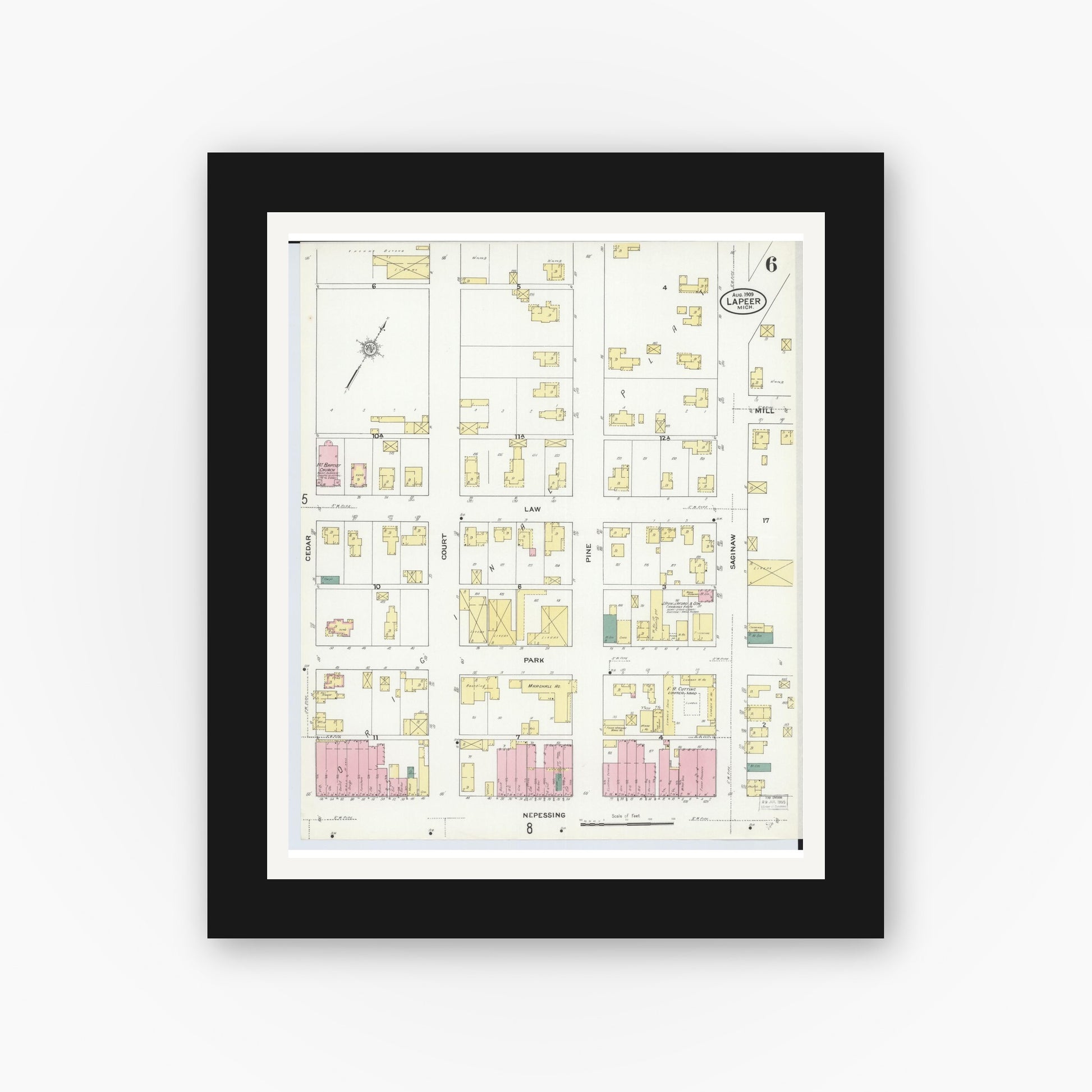 Old map wall art mockup — black gallery frame with white mat — Sanborn Fire Insurance Map from Lapeer, Lapeer County, Michigan (1909), Sheet #0006