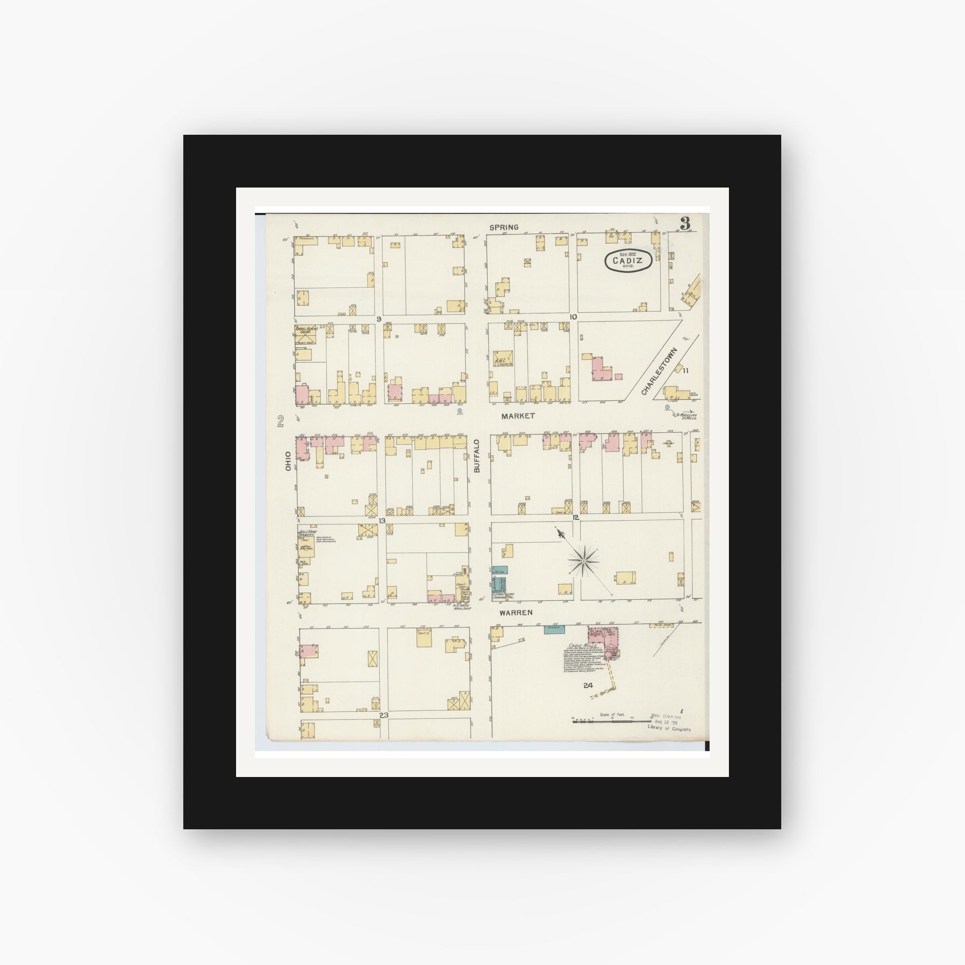 Old map wall art mockup — black gallery frame with white mat — Sanborn Fire Insurance Map from Cadiz, Harrison County, Ohio (1892), Sheet #0003