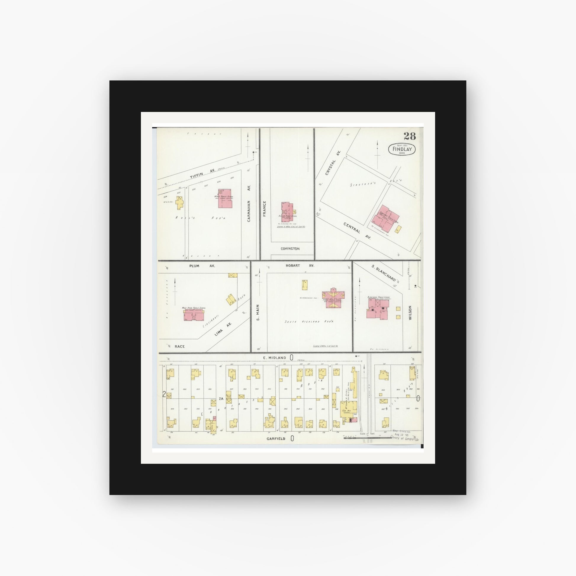 Old map wall art mockup — black gallery frame with white mat — Sanborn Fire Insurance Map from Findlay, Hancock County, Ohio (1901), Sheet #0028