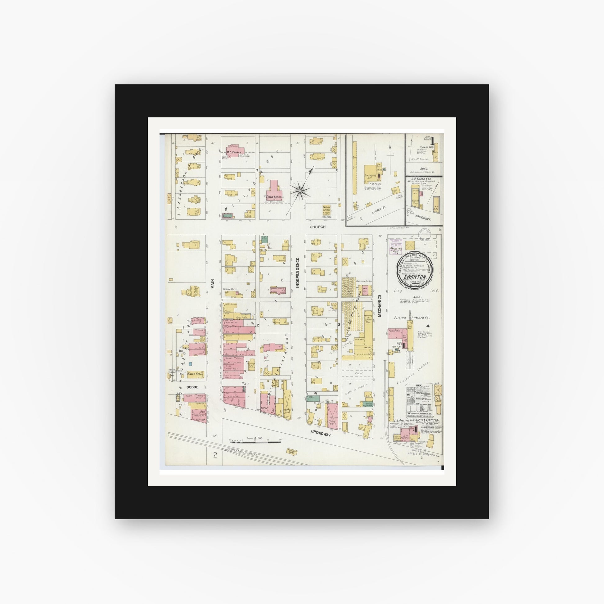 Old map wall art mockup — black gallery frame with white mat — Sanborn Fire Insurance Map from Swanton, Fulton County, Ohio (1901), Sheet #0001