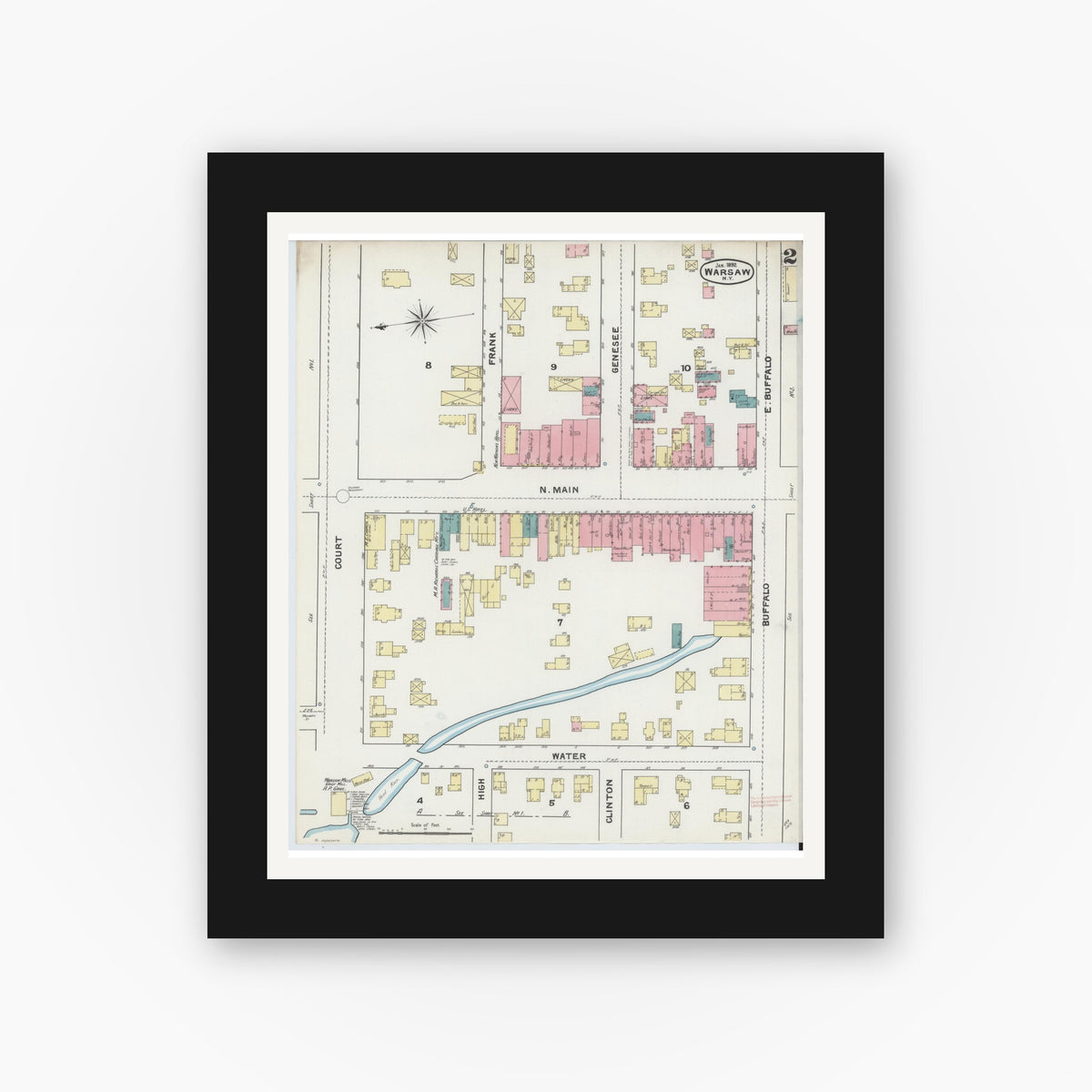 Old map wall art mockup — black gallery frame with white mat — Sanborn Fire Insurance Map from Warsaw, Wyoming County, New York (1892), Sheet #0002