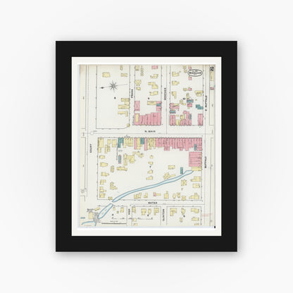 Old map wall art mockup — black gallery frame with white mat — Sanborn Fire Insurance Map from Warsaw, Wyoming County, New York (1892), Sheet #0002