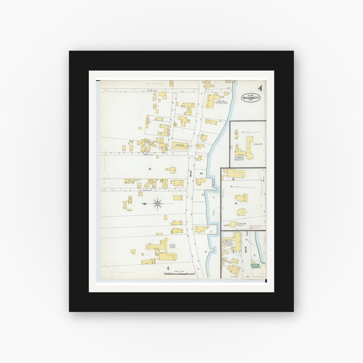 Old map wall art mockup — black gallery frame with white mat — Sanborn Fire Insurance Map from Mackinaw City, Cheboygan County, Michigan (1900), Sheet #0004