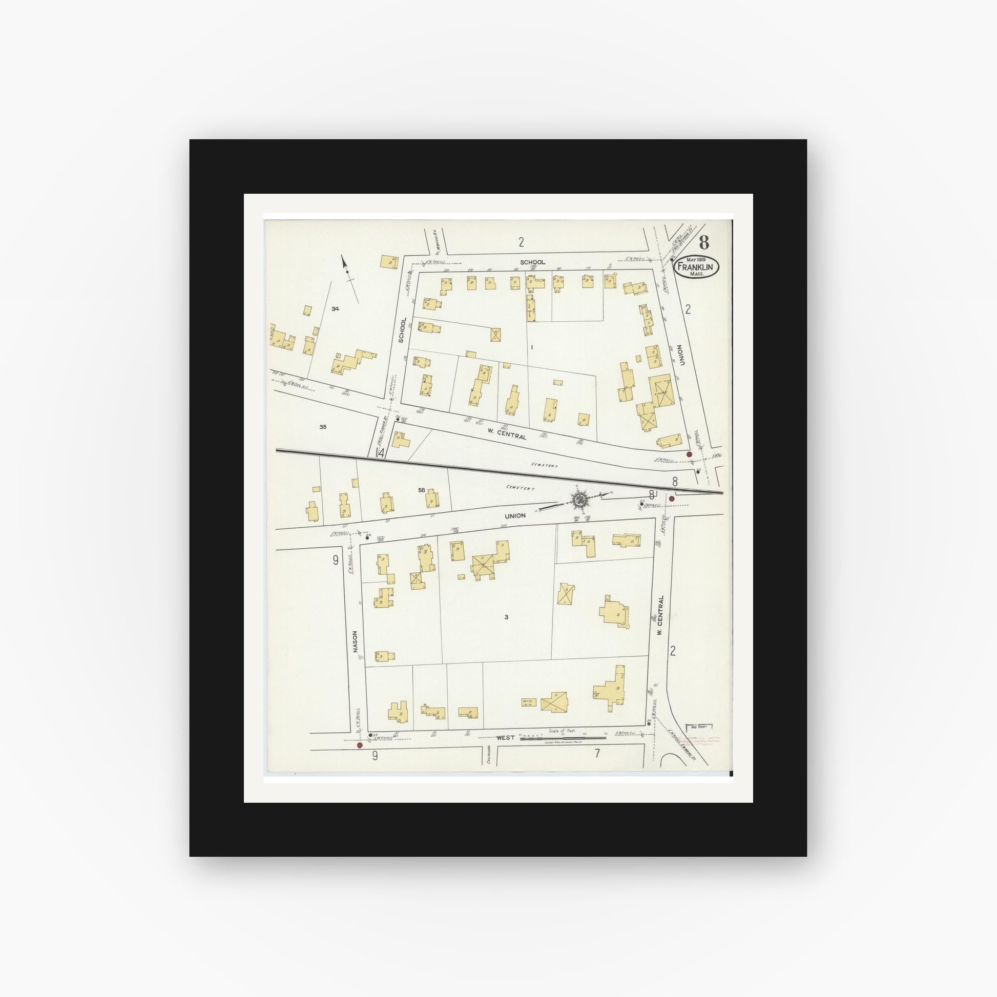Old map wall art mockup — black gallery frame with white mat — Sanborn Fire Insurance Map from Franklin, Norfolk County, Massachusetts (1919), Sheet #0008