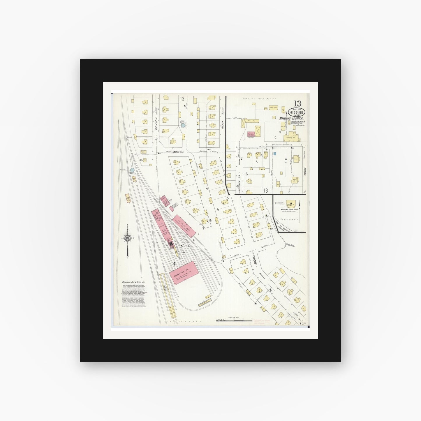 Old map wall art mockup — black gallery frame with white mat — Sanborn Fire Insurance Map from Hibbing, Saint Louis County, Minnesota (1913), Sheet #0013