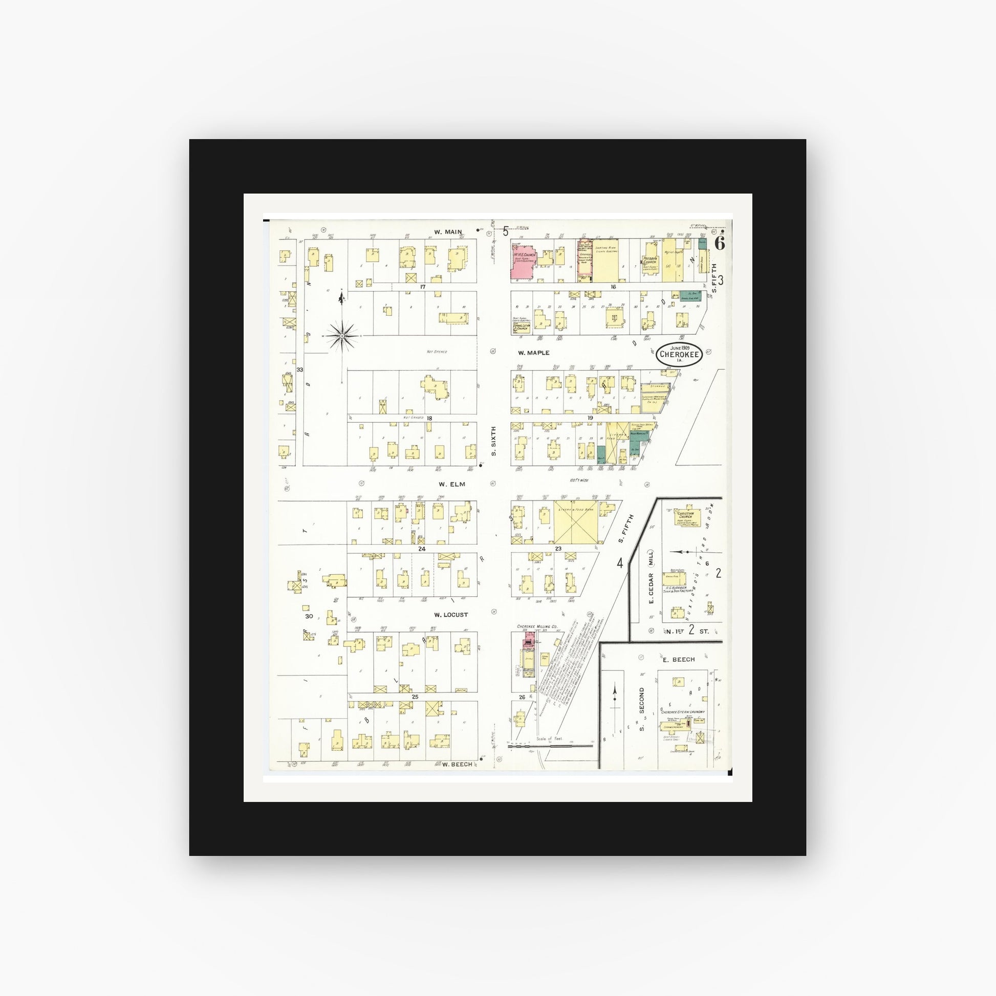 Old map wall art mockup — black gallery frame with white mat — Sanborn Fire Insurance Map from Cherokee, Cherokee County, Iowa (1909), Sheet #0006