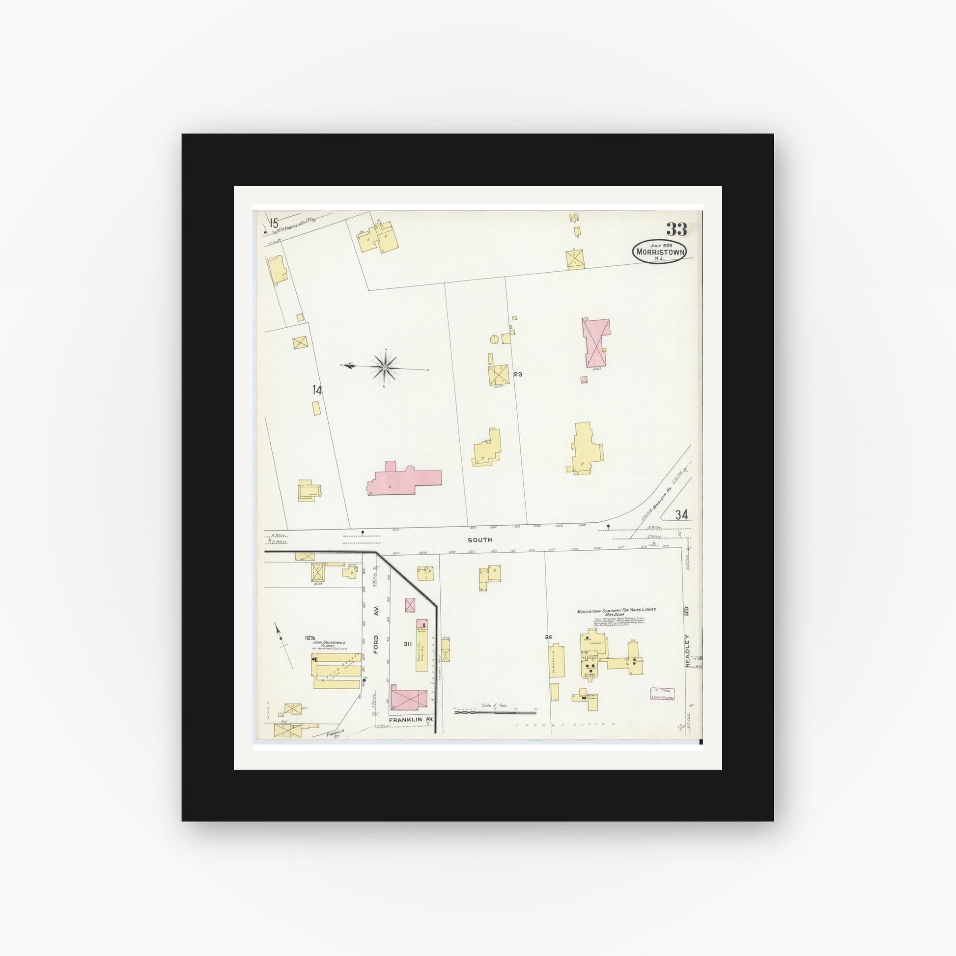 Old map wall art mockup — black gallery frame with white mat — Sanborn Fire Insurance Map from Morristown, Morris County, New Jersey (1909), Sheet #0033