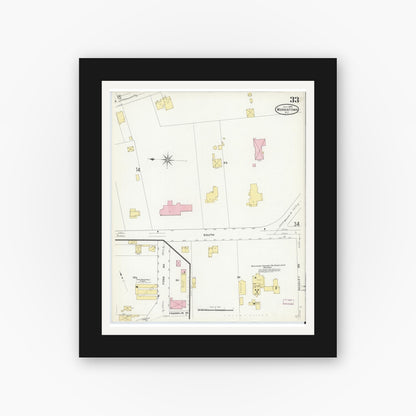 Old map wall art mockup — black gallery frame with white mat — Sanborn Fire Insurance Map from Morristown, Morris County, New Jersey (1909), Sheet #0033
