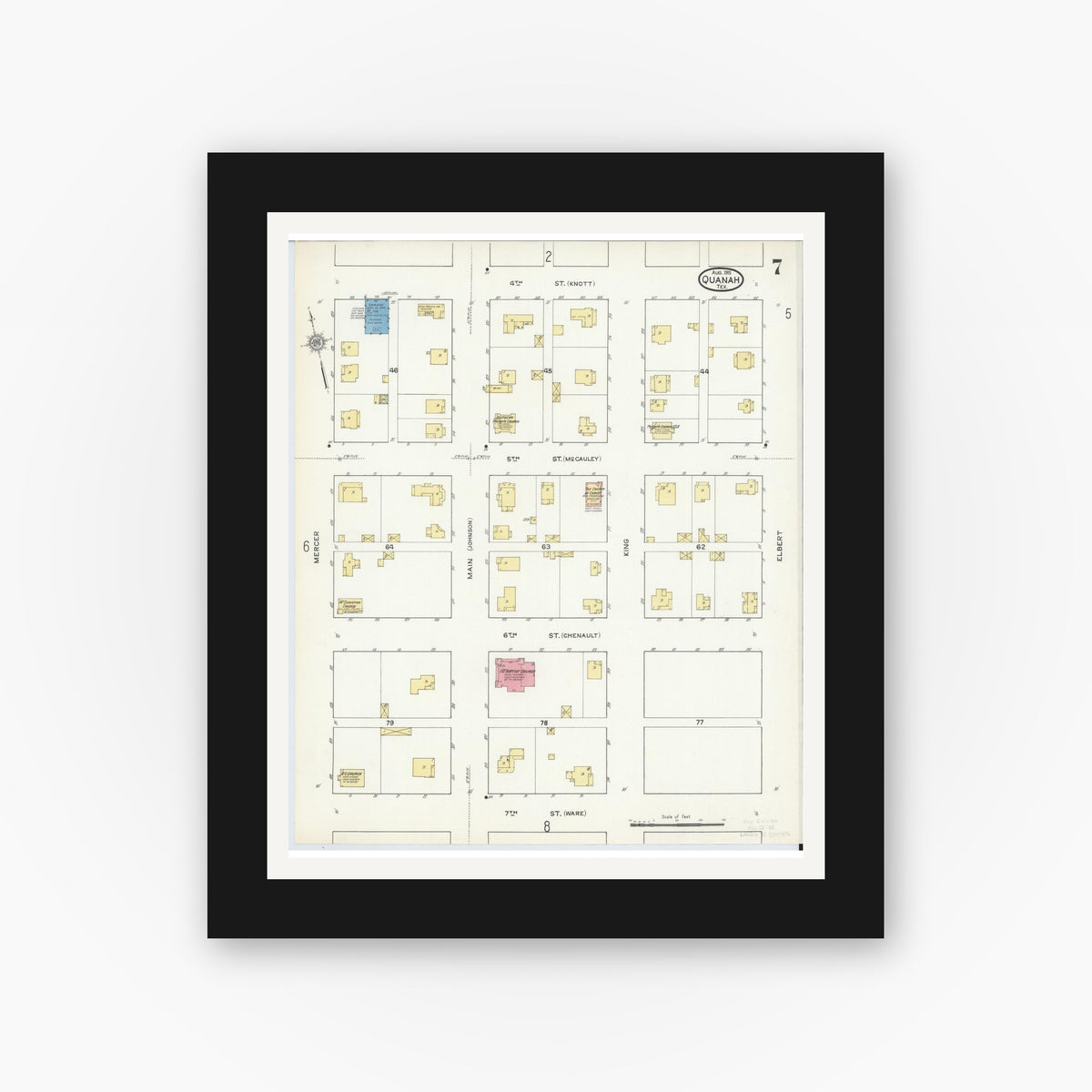 Old map wall art mockup — black gallery frame with white mat — Sanborn Fire Insurance Map from Quanah, Hardeman County, Texas (1915), Sheet #0007