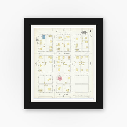 Old map wall art mockup — black gallery frame with white mat — Sanborn Fire Insurance Map from Quanah, Hardeman County, Texas (1915), Sheet #0007