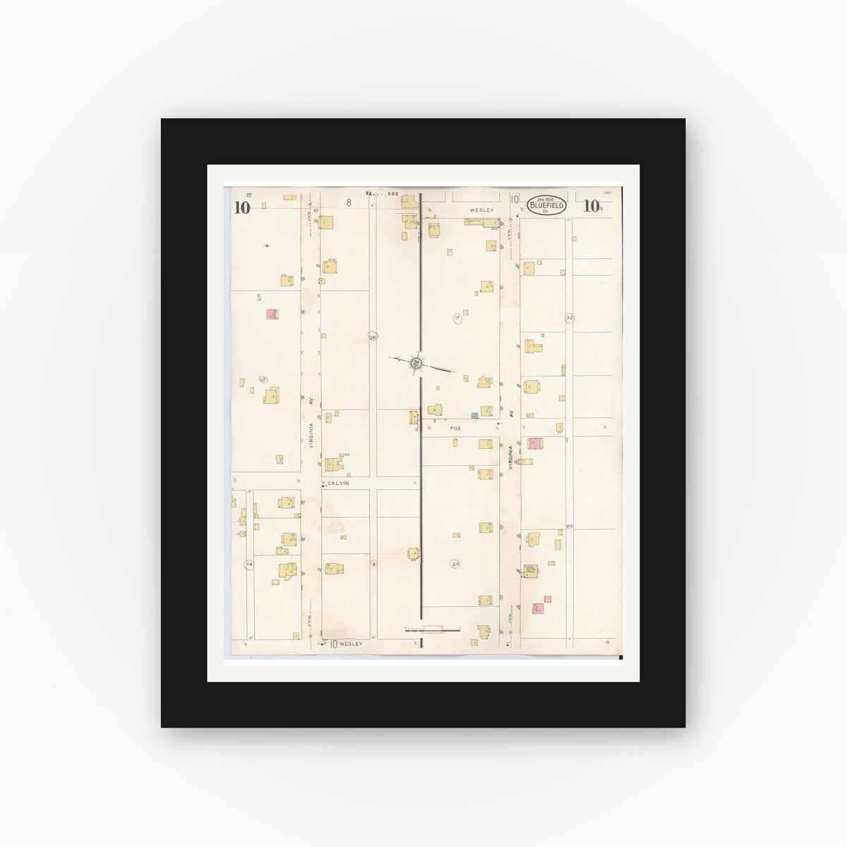 Old map wall art mockup — black gallery frame with white mat — Sanborn Fire Insurance Map from Bluefield, Tazewell County, Virginia (1930), Sheet #0010
