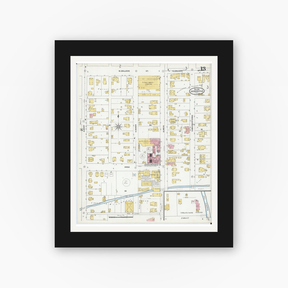 Old map wall art mockup — black gallery frame with white mat — Sanborn Fire Insurance Map from Jacksonville, Morgan County, Illinois (1905), Sheet #0013