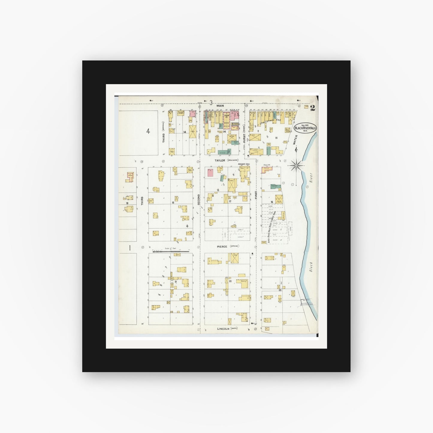Old map wall art mockup — black gallery frame with white mat — Sanborn Fire Insurance Map from Black River Falls, Jackson County, Wisconsin (1902), Sheet #0002
