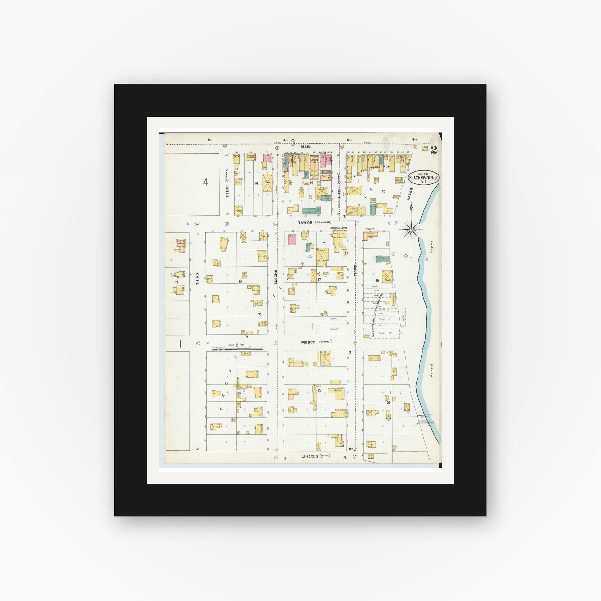 Old map wall art mockup — black gallery frame with white mat — Sanborn Fire Insurance Map from Black River Falls, Jackson County, Wisconsin (1902), Sheet #0002