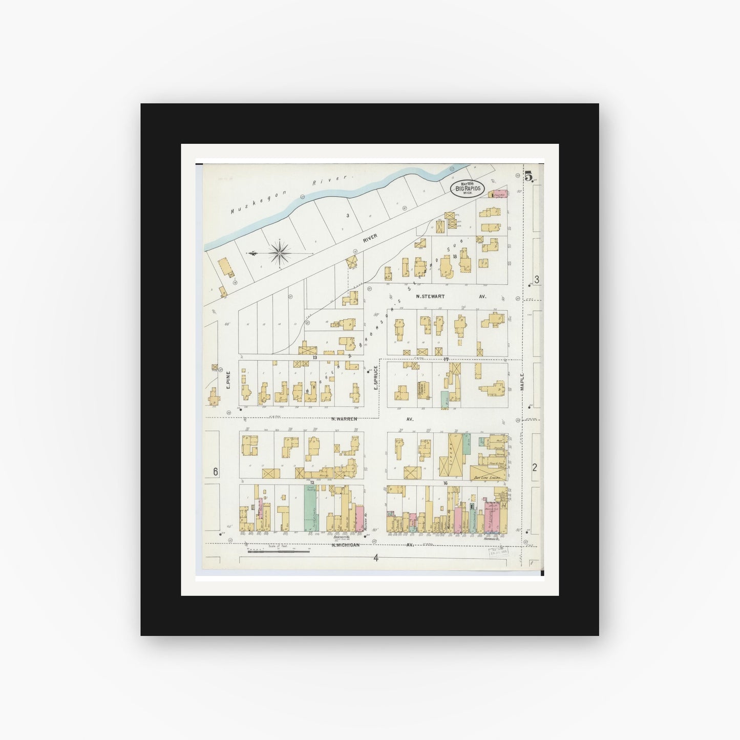 Old map wall art mockup — black gallery frame with white mat — Sanborn Fire Insurance Map from Big Rapids, Mecosta County, Michigan (1899), Sheet #0005